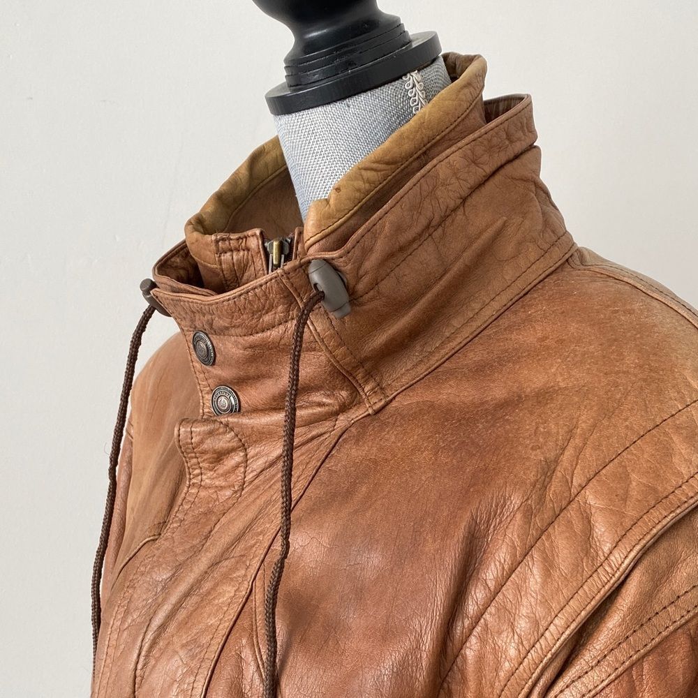 Vintage Men's S Brown Leather Bomber Jacket Women M Stand Collar Aviator Retro - Picture 6 of 16